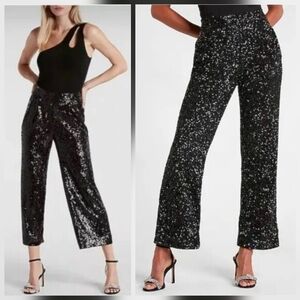 ❤️ EXPRESS HIGH RISE PLEATED WIDE LEG CROP BLACK SEQUIN PANTS, SMALL
